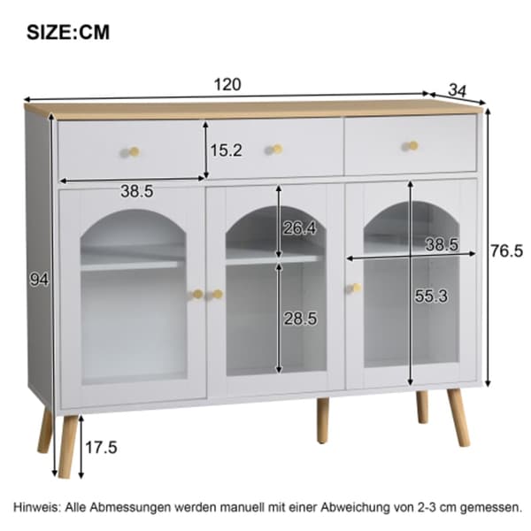 Skänk med 3 lådor och 3 böjda dörrar, med breda skåp i härdat glas, vitt och naturfärgat