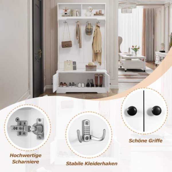 Vitt hallskåp med förvaring under sitsen, med 4 krokar och 2 fack ovanpå för öppen förvaring