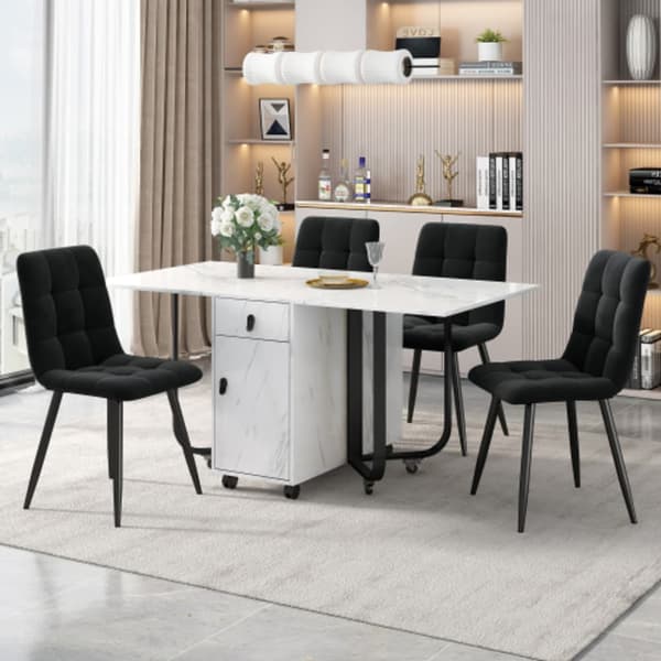 Matbordsset (150��80��76 cm matbord med 4 stolar), sammetsstolar, vit MDF-skiva, svarta ben