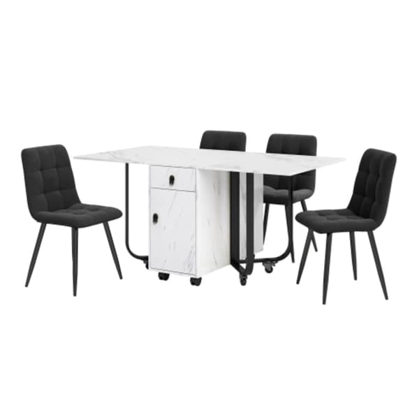 Matbordsset (150��80��76 cm matbord med 4 stolar), sammetsstolar, vit MDF-skiva, svarta ben