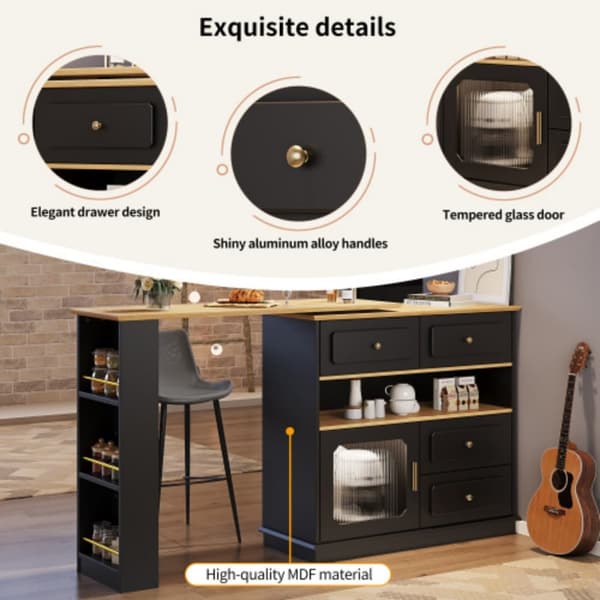 Utdragbart barbord med förvaringsutrymme 125-181×39×104,5 cm, 360° roterbart matbord, svart