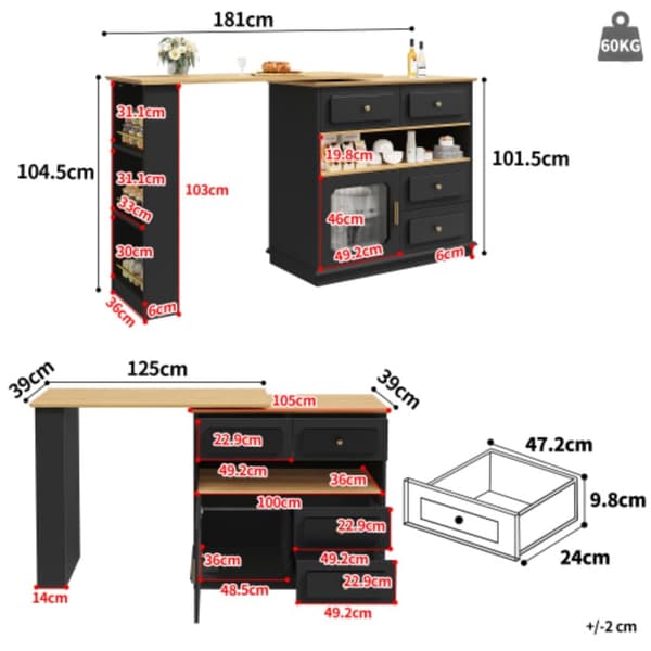 Utdragbart barbord med förvaringsutrymme 125-181×39×104,5 cm, 360° roterbart matbord, svart