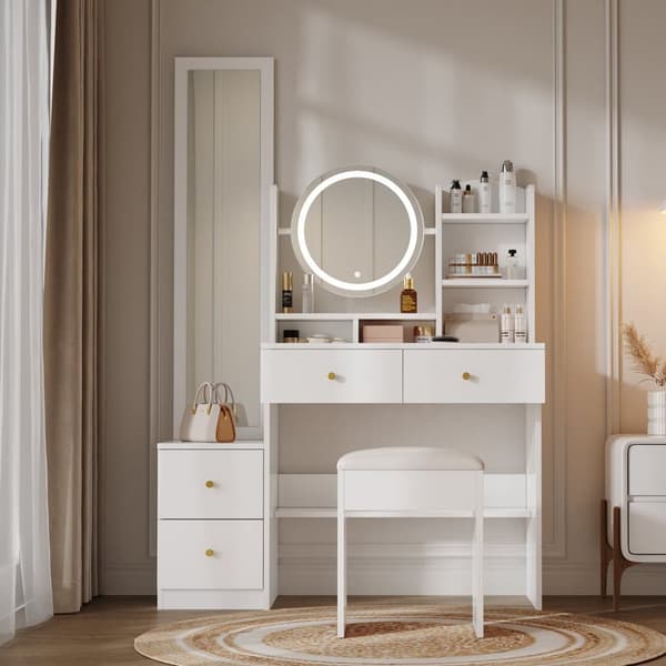 Vit minimalistisk byrå, toalettbord, med spegel i full längd och vridbar spegel, byrå, 3 färger LED-belysning