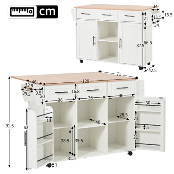 Madvogn/skænk 139x46(71)x91,5 cm, hvid ramme + massiv træbordplade, velegnet til restauranter og køkkener