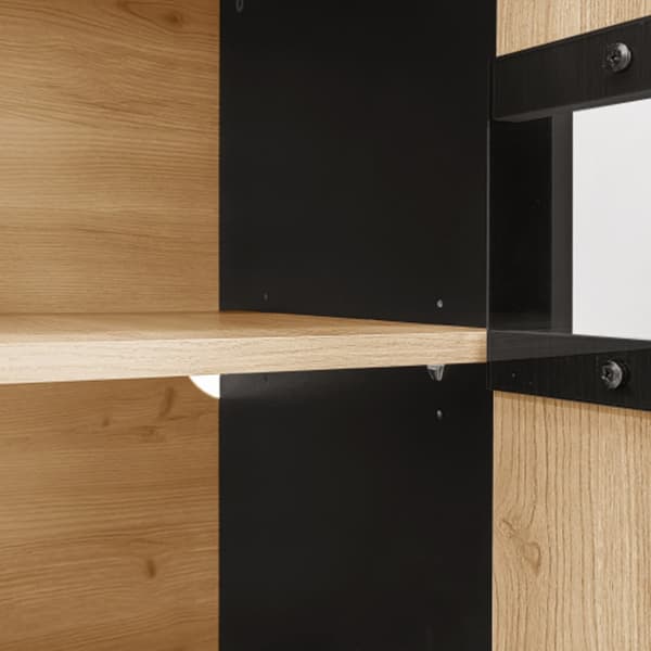Skænk 140 x 78,5 x 41 cm, sort og træ, med opbevaringsplads, skab med LED-belysning og glas