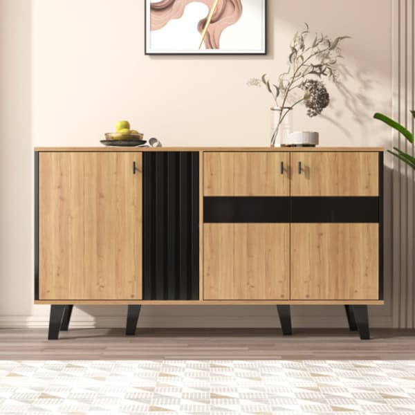 Skænk 140 x 78,5 x 41 cm, sort og træ, med opbevaringsplads, skab med LED-belysning og glas
