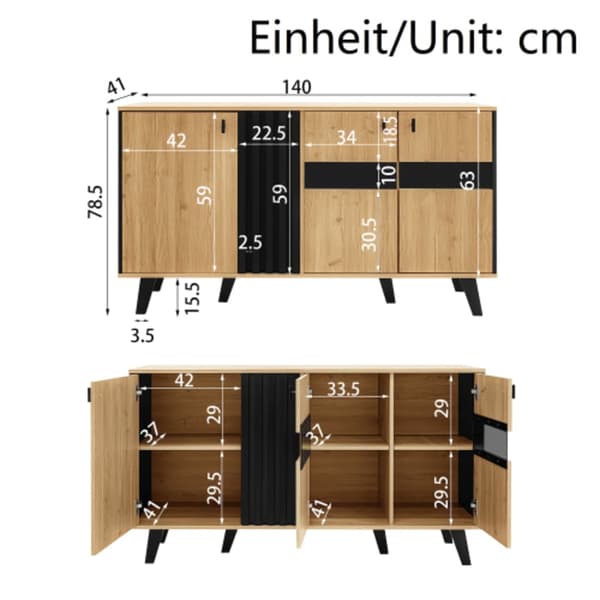 Skænk 140 x 78,5 x 41 cm, sort og træ, med opbevaringsplads, skab med LED-belysning og glas