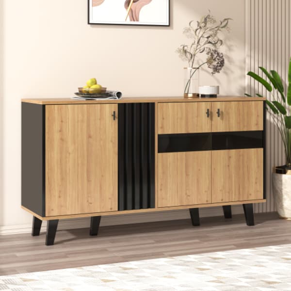 Skænk 140 x 78,5 x 41 cm, sort og træ, med opbevaringsplads, skab med LED-belysning og glas