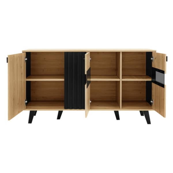 Skænk 140 x 78,5 x 41 cm, sort og træ, med opbevaringsplads, skab med LED-belysning og glas