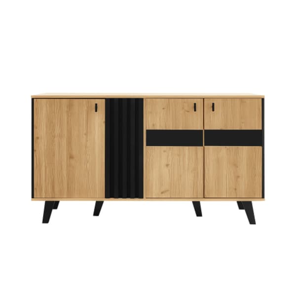 Skænk 140 x 78,5 x 41 cm, sort og træ, med opbevaringsplads, skab med LED-belysning og glas