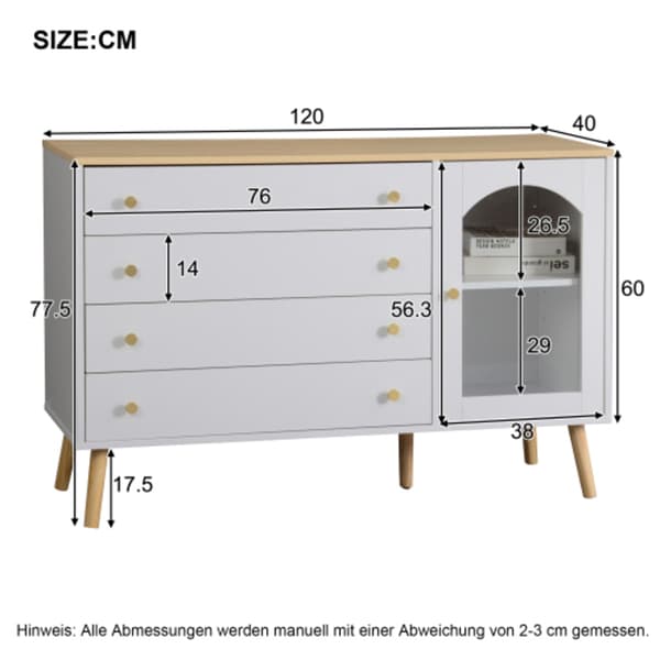 Byrå med 4 breda lådor för matsal, kök, vardagsrum, 40 * 120 * 77,5 cm, vit