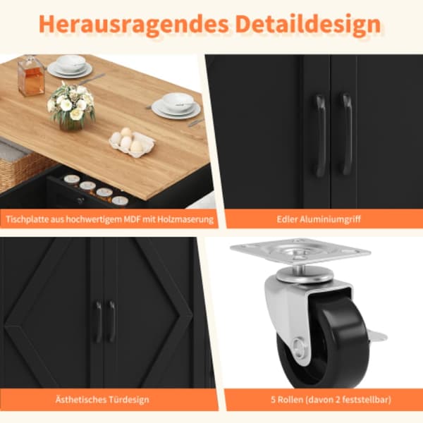 Modern k?ks?, multifunktionellt matbord med f?rvaringsutrymme matvagn med snacksst?ll svart