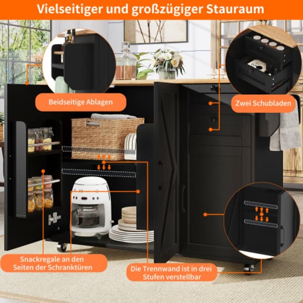 Modern k?ks?, multifunktionellt matbord med f?rvaringsutrymme matvagn med snacksst?ll svart