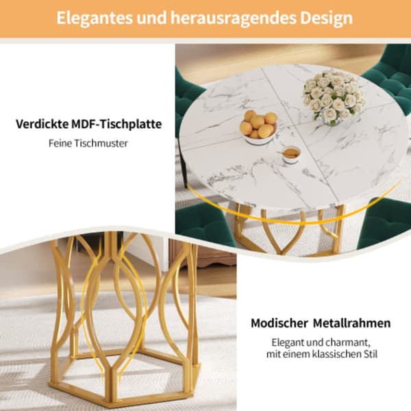 Matbordsset (5 delar), k?ksmatbordsset, runt matbord med diameter 100 cm och guldf?rgade metallben, vit MDF-skiva, m?rkgr?na sammetsmatstolar