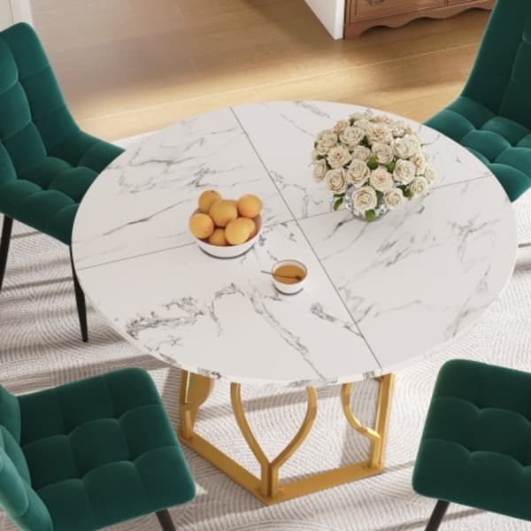 Matbordsset (5 delar), k?ksmatbordsset, runt matbord med diameter 100 cm och guldf?rgade metallben, vit MDF-skiva, m?rkgr?na sammetsmatstolar