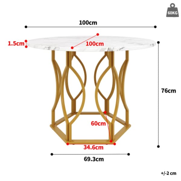 Matbordsset (5 delar), k?ksmatbordsset, runt matbord med diameter 100 cm och guldf?rgade metallben, vit MDF-skiva, m?rkgr?na sammetsmatstolar