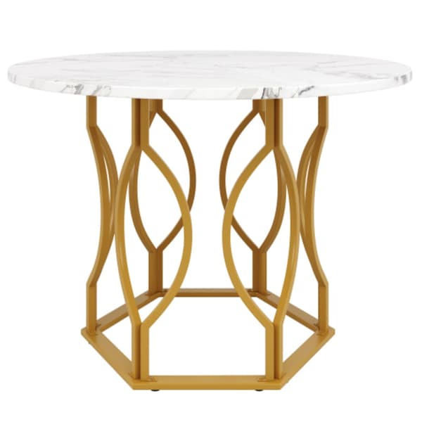 Matbordsset (5 delar), k?ksmatbordsset, runt matbord med diameter 100 cm och guldf?rgade metallben, vit MDF-skiva, m?rkgr?na sammetsmatstolar