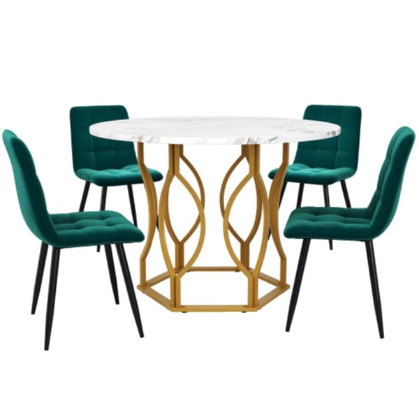 Matbordsset (5 delar), k?ksmatbordsset, runt matbord med diameter 100 cm och guldf?rgade metallben, vit MDF-skiva, m?rkgr?na sammetsmatstolar