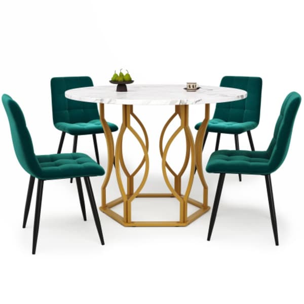 Matbordsset (5 delar), k?ksmatbordsset, runt matbord med diameter 100 cm och guldf?rgade metallben, vit MDF-skiva, m?rkgr?na sammetsmatstolar