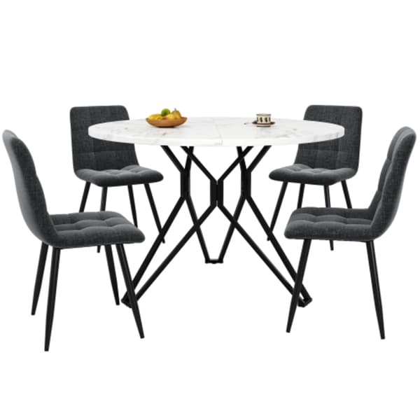 Matbordsset (5 delar), med 4 stolar, diameter 100 cm, svarta metallben, bordsskiva i MDF-marmor, matstolar i grå sammet