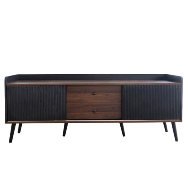 TV-skåp med dubbla lådor, fin struktur, svart och naturlig träfärg, höjd 58 cm / längd 160 cm / djup 40 cm
