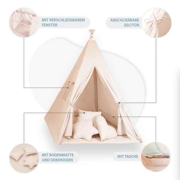 Tipitelt til børn Legetelt Tippi børnetelt Børneværelse Tipi indianertelt Outdoor Indoor Model 2 med legemåtte og 3 puder abrikosfarve