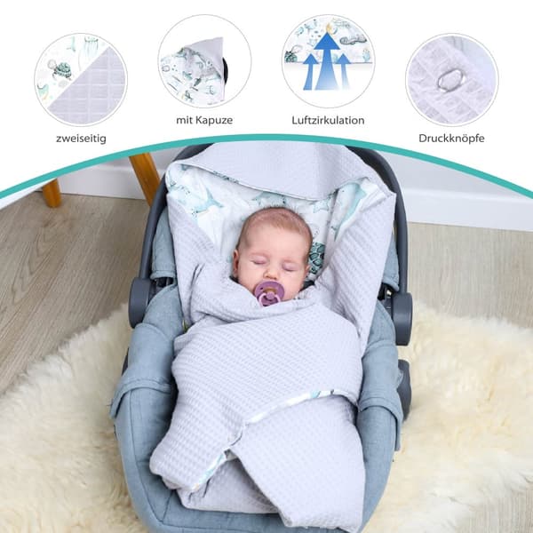 Baby indpakningstæppe babystol - tæppe barnevogn 90x90 cm universal buggy autostol babytæppe helårs tæppe med vaffel pique bomuld vand dyr grå