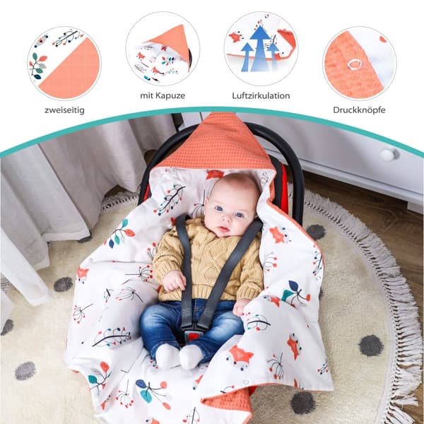 Babyskyddsfilt babyskydd - filtvagn 90x90 cm universalbilbarnstol babyfilt helårsfilt med våffelpiké bomull räv orange