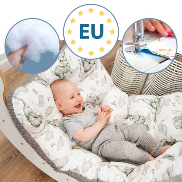 Gulvpude stor 70x110 cm - sædehynde børnegulv legemåtte baby gulvmadras børneværelse elefanter med lysegrå minky
