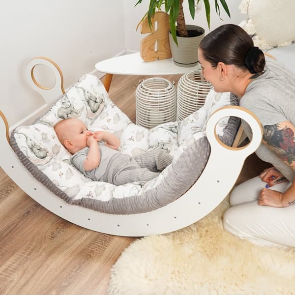 Gulvpude stor 70x110 cm - sædehynde børnegulv legemåtte baby gulvmadras børneværelse elefanter med lysegrå minky