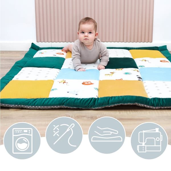 Babykrypfilt 70x70 cm sammet - lekmatta PATCHWORK lekmatta vadderad golvmatta tjock krypfilt bomull med sammet aktivitetsmatta Safari