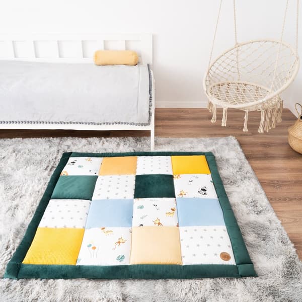 Babykrypfilt 70x70 cm sammet - lekmatta PATCHWORK lekmatta vadderad golvmatta tjock krypfilt bomull med sammet aktivitetsmatta Safari