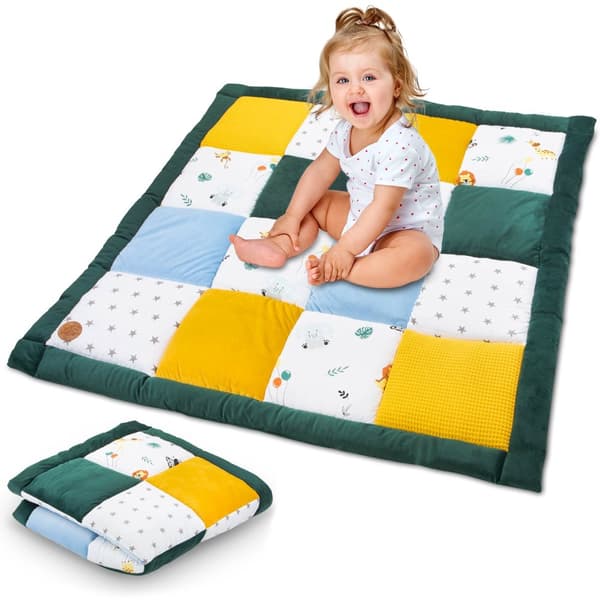 Babykrypfilt 70x70 cm sammet - lekmatta PATCHWORK lekmatta vadderad golvmatta tjock krypfilt bomull med sammet aktivitetsmatta Safari