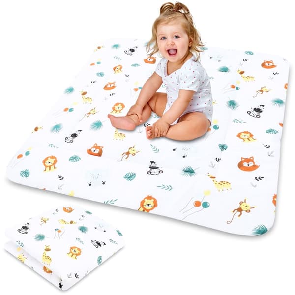 Kravlemåtte til babylegemåtte 100x100 cm polstret - kravlemåtte stor tyk foldbar kravlegårdsindsats lavet af bomuld Safari Sage