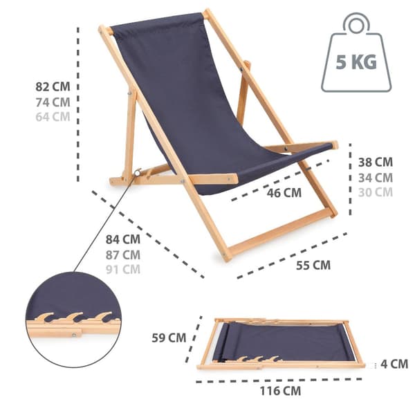 Solstol, liggestol, foldbar - havestol, klapstol, klapstol i træ, strandstol, strandstol, klapstol i træ max. Bæreevne 120 kg Grå 2 stk