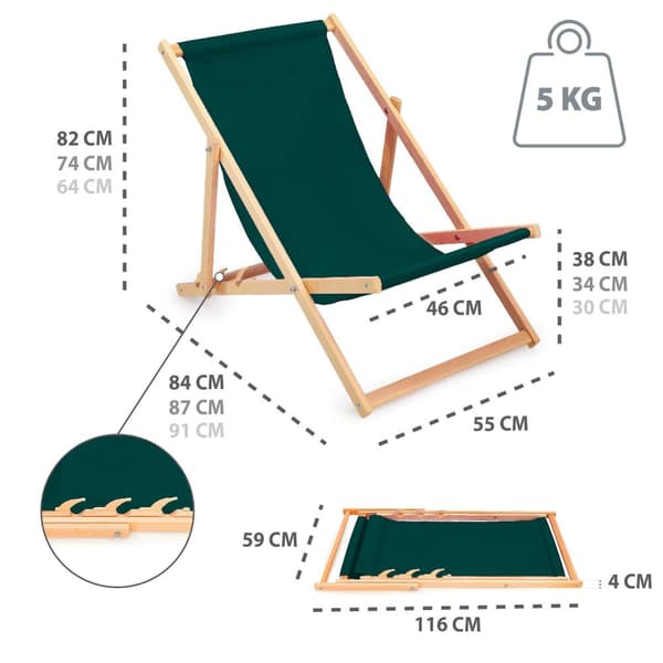Solstol, liggestol, foldbar - havestol, klapstol, klapstol i træ, strandstol, strandstol, klapstol i træ max. Bæreevne 120 kg Grøn 2 stk