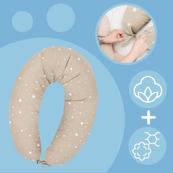Päällinen sivuun nukkumatyynylle 190 cm naruilla - tyynyliina vetoketjulla Comfort tyynyliina vartalotyynylle beige valkoisilla tähdillä