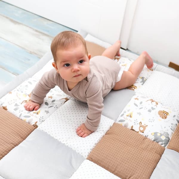 Baby kravletæppe fløjl - legemåtte PATCHWORK legemåtte polstret gulvmåtte tykt krybbetæppe bomuld med fløjl aktivitetsmåtte