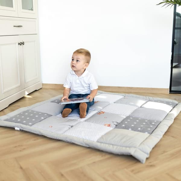 Baby kravletæppe fløjl - legemåtte PATCHWORK legemåtte polstret gulvmåtte tykt krybbetæppe bomuld med fløjl aktivitetsmåtte