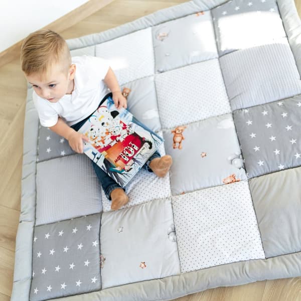 Baby kravletæppe fløjl - legemåtte PATCHWORK legemåtte polstret gulvmåtte tykt krybbetæppe bomuld med fløjl aktivitetsmåtte