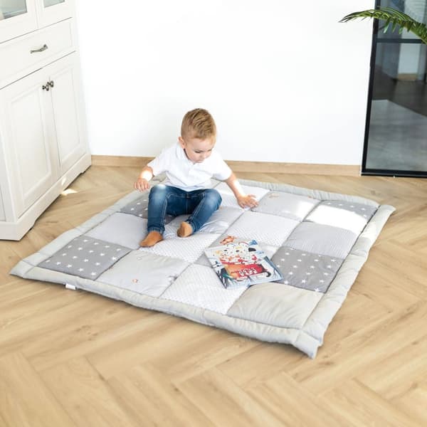 Baby kravletæppe fløjl - legemåtte PATCHWORK legemåtte polstret gulvmåtte tykt krybbetæppe bomuld med fløjl aktivitetsmåtte