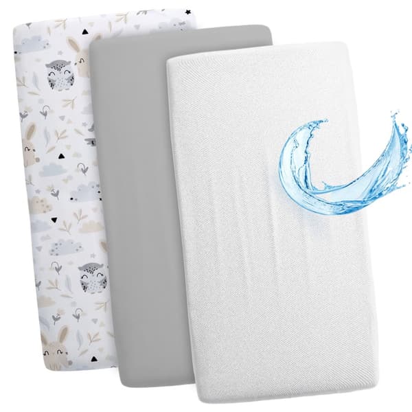 Lakan babyskyddslakan set om 3: 2x lakan + 1x vattentätt madrassskydd - babysängtillbehör för spjälsäng, sidosäng, säng Graue Eulen 90 x 55 cm