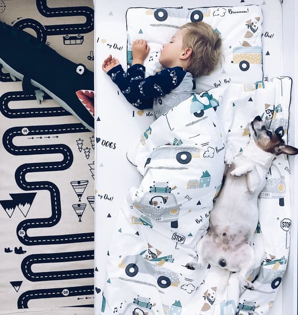 Farverigt Dog Jackie babysengetøj - allergivenligt, køligt bomuld, maskinvaskbart, 140x200 cm & 40x60 cm - certificeret Oeko-Tex Standard