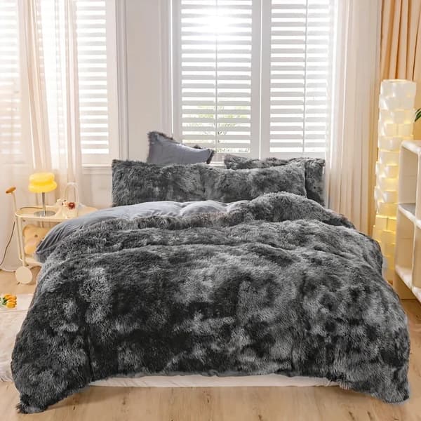 Duvet Cover Sæt, Plush Materiale, 3 Deles Sæt,203x229cm, Tie Dye Mørk Grå
