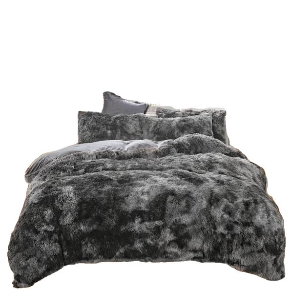 Duvet Cover Sæt, Plush Materiale, 3 Deles Sæt,203x229cm, Tie Dye Mørk Grå