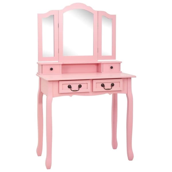 vidaXL Sminkbord med pall rosa 80x69x141 cm paulowniaträ