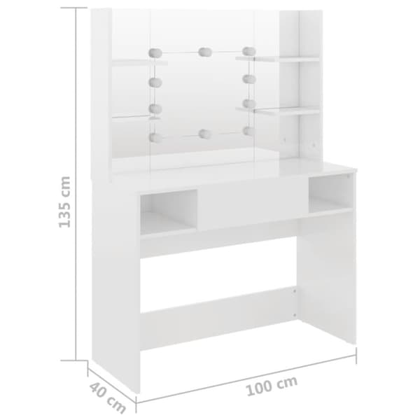 vidaXL makeupbord med LED-lys 100x40x135 cm MDF blank hvid