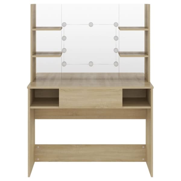 vidaXL makeupbord med LED-lys 100x40x135 cm MDF egetræ