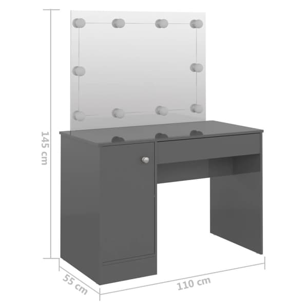 vidaXL Sminkbord med LED-belysning 110x55x145 cm MDF glänsande grå