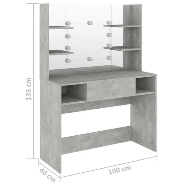 vidaXL Sminkebord med LED-lys 100x40x135 cm MDF betonggrå